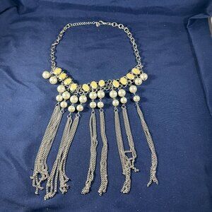 Statement Necklace With Faux Pearls & Silver Chains